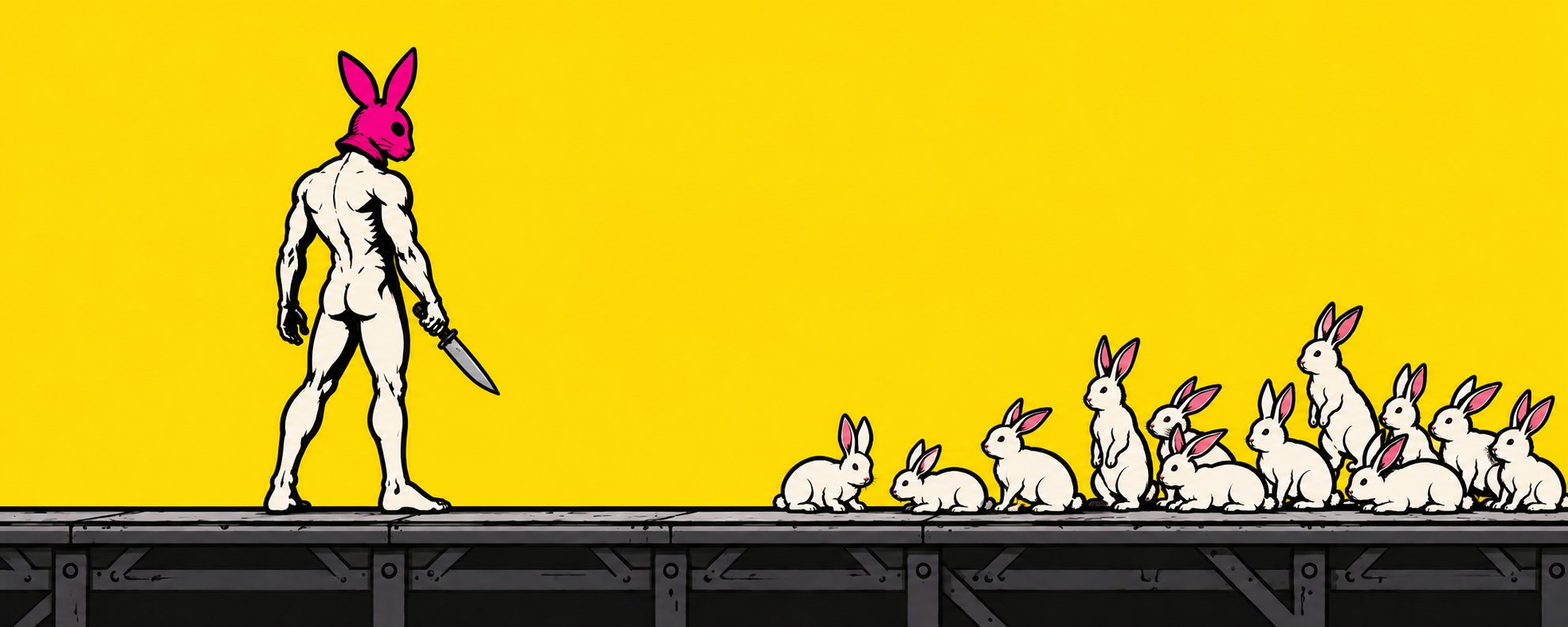 A rabbit-headed Taylor with a knife, facing a crowd of white rabbits